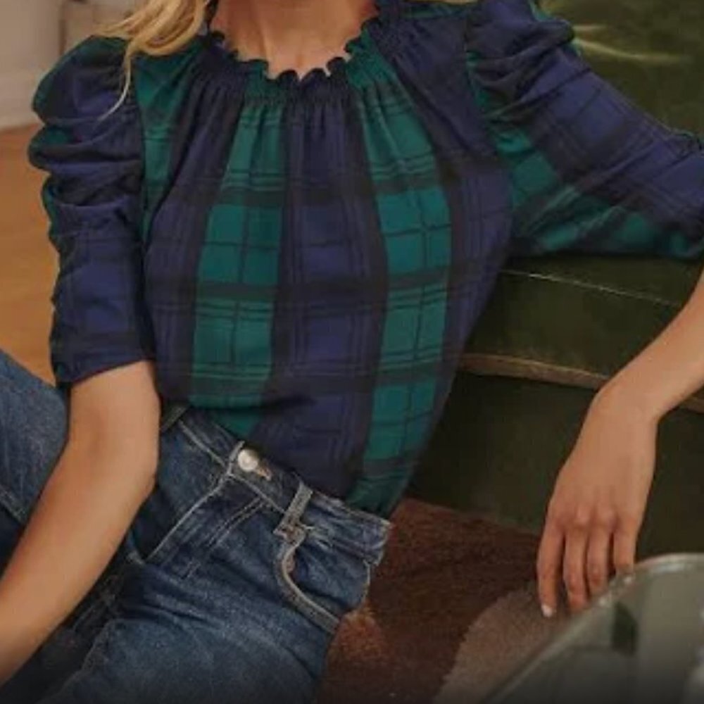 NWT Sugarlips Hudson Plaid Drape Sleeve Top Curve Blouse, Sz. XS.